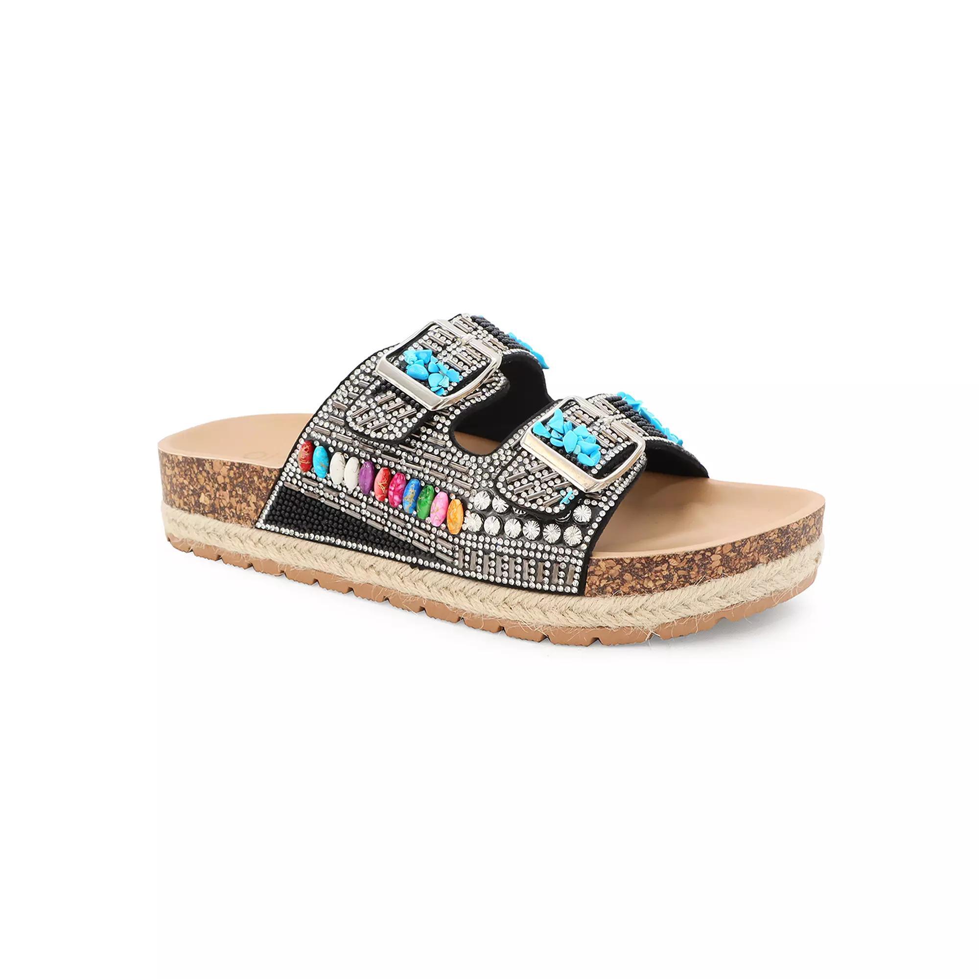 Yoki Espadrille Beaded Platform Double Buckle Women's Sandals, Size: 9, Black Product Image