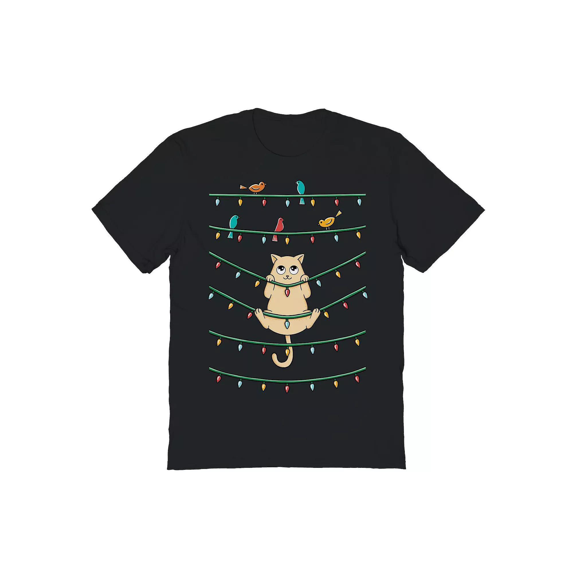 Men's Cat and Birds Christmas Graphic Tee, Size: XL, Black Product Image