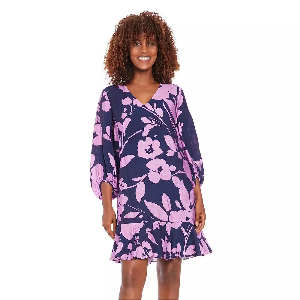 Women's London Times V-Neck Bishop Sleeve Flounce Hem Shift Dress, Size: Medium, Navy Purple Product Image
