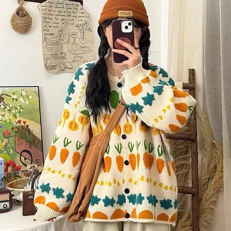 Carrot Embroidered Button-Up Cardigan Product Image