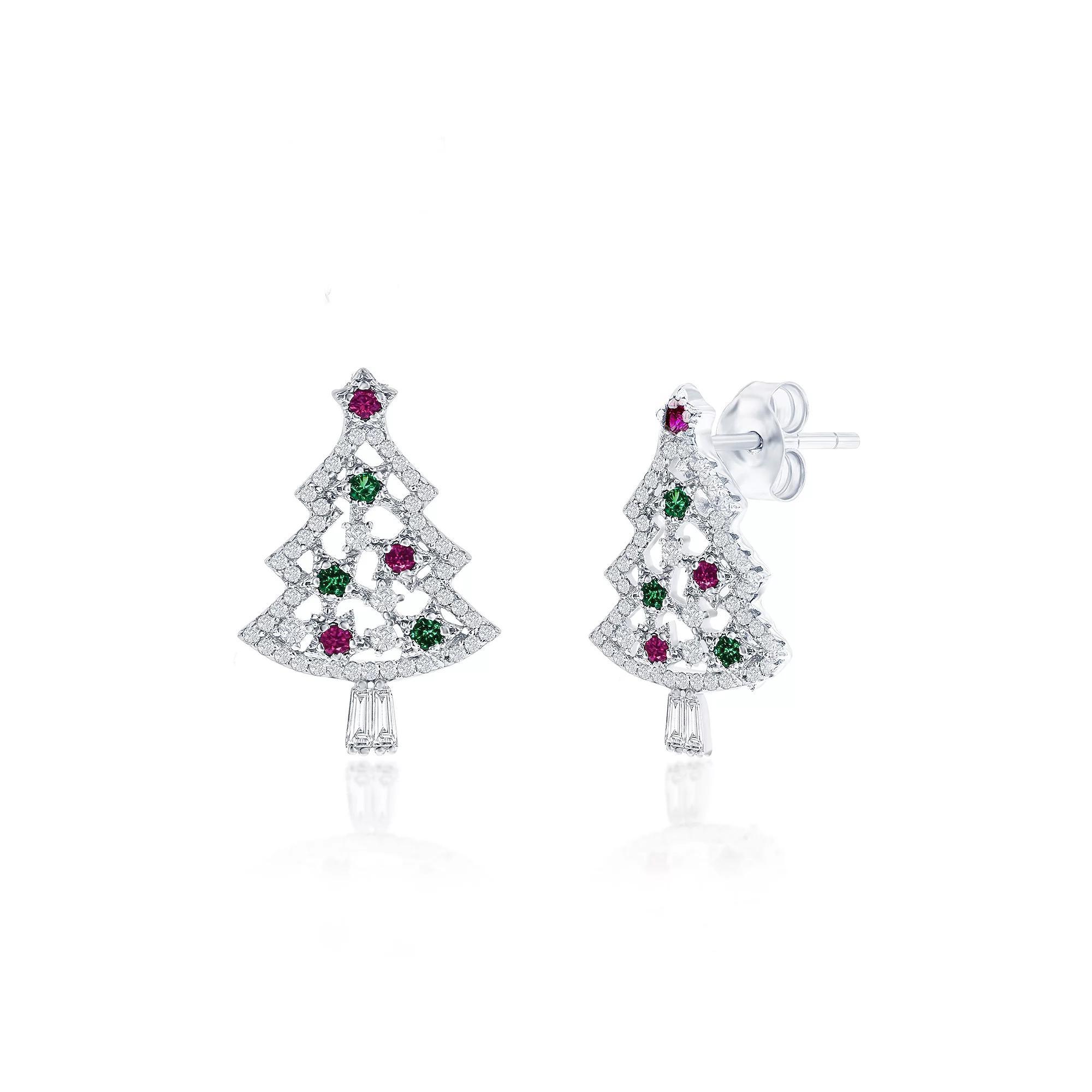 Argento Bella Sterling Silver Cubic Zirconia Christmas Tree Earrings, Women's Product Image
