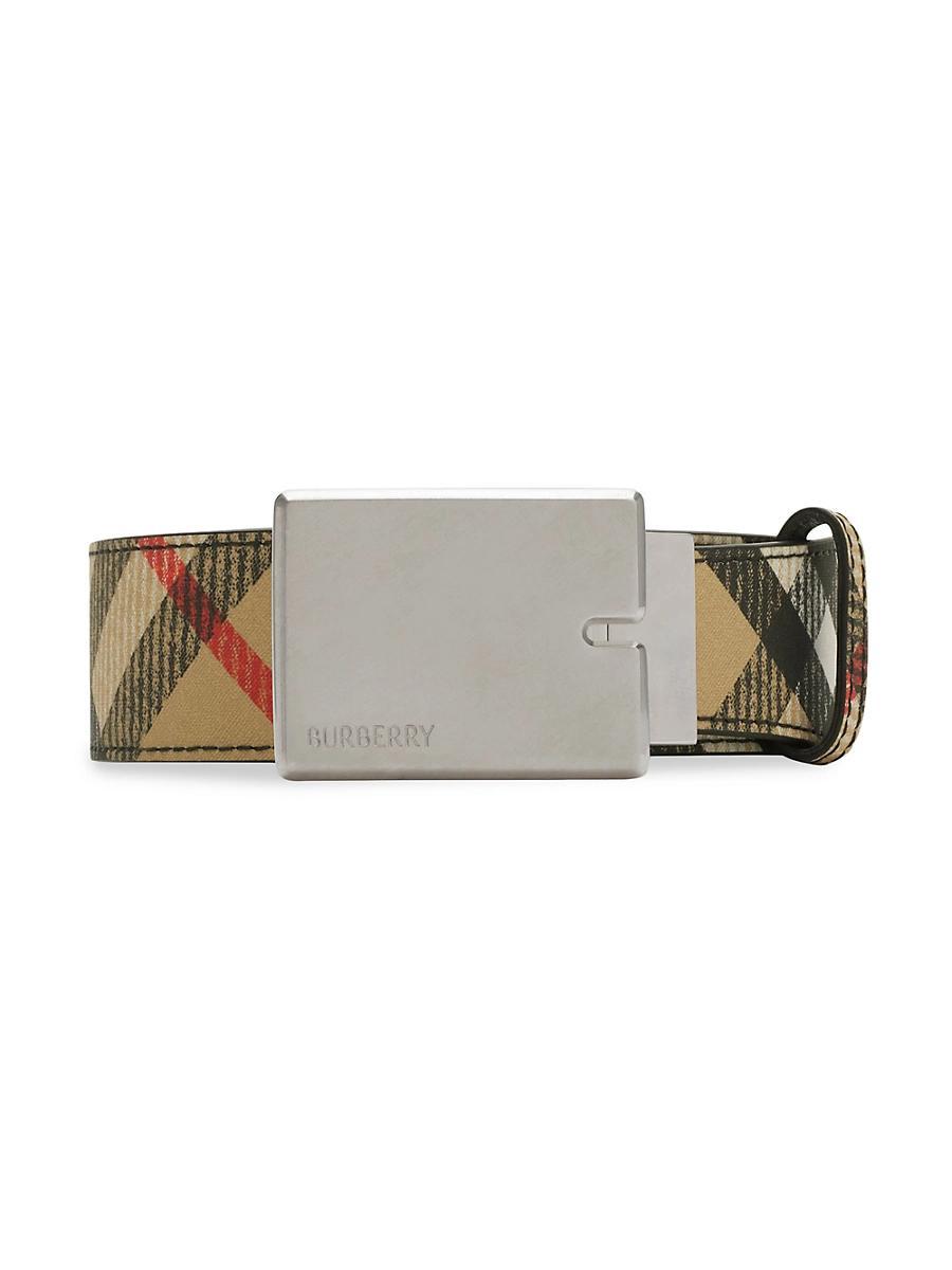 Mens Check Canvas and Leather B-Cut Buckle Belt Product Image
