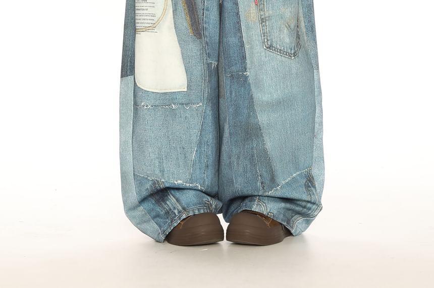 Mid Rise Patchwork Washed Wide Leg Jeans Product Image