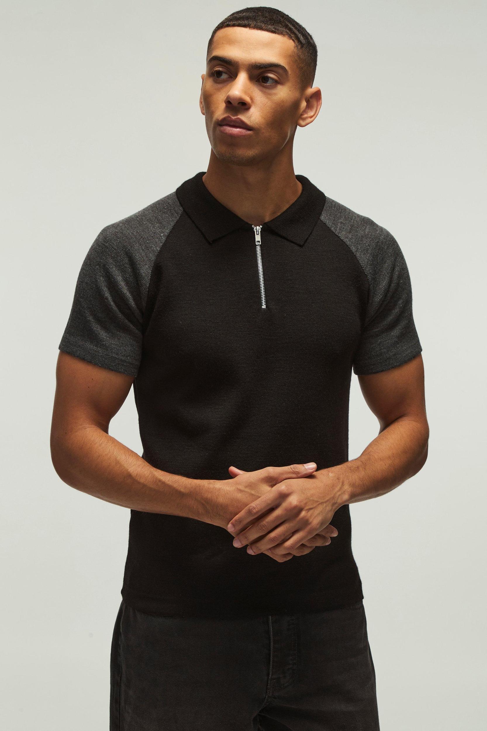 Short Sleeve Muscle Fit Raglan Colour Block Knit Polo | boohooMAN USA Product Image