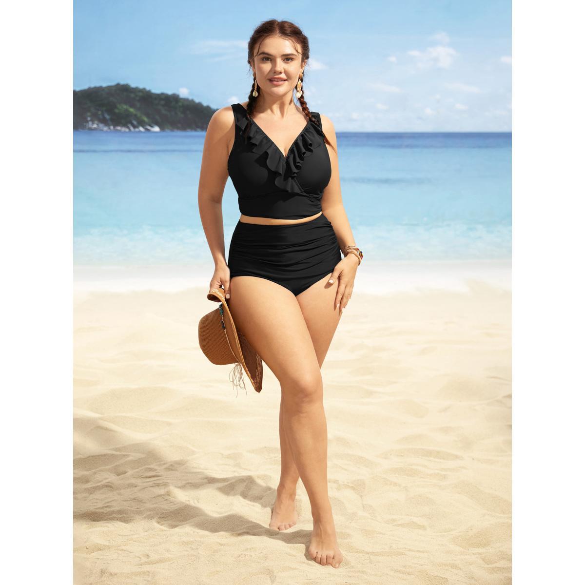 Plus Size Solid Ruffle Surplice Neck Trim Swim Top Women's Swimwear Black Beach Ruffles High stretch Skinny Overlap Collar Curve Swim Tops BloomChic 12/L Product Image