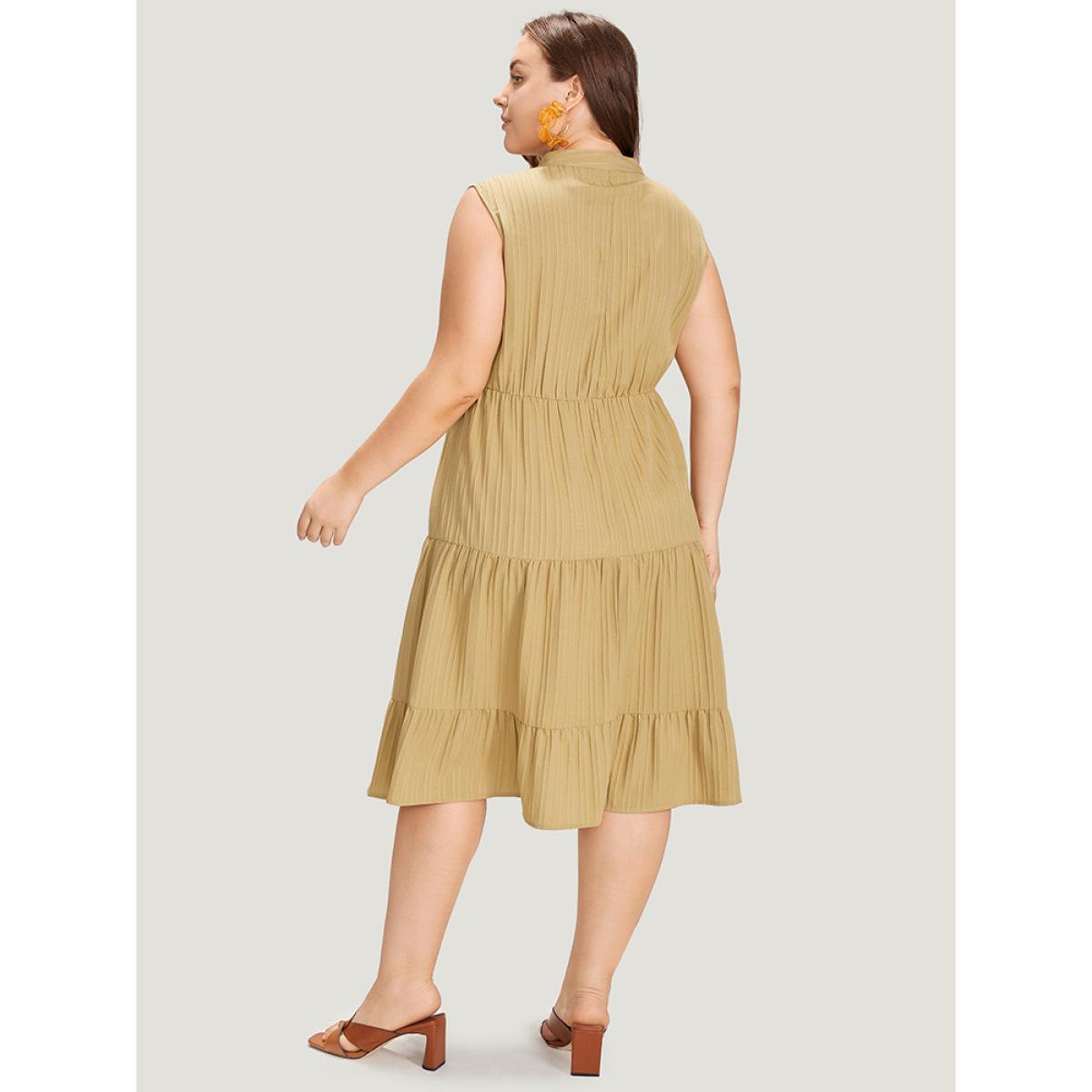 Plus Size Textured Button Detail Ruffle Layered Hem Sleeveless Dress LightBrown Women Elegant Button Stand-up collar Sleeveless Curvy Midi Dress BloomChic 22-24/3X Product Image