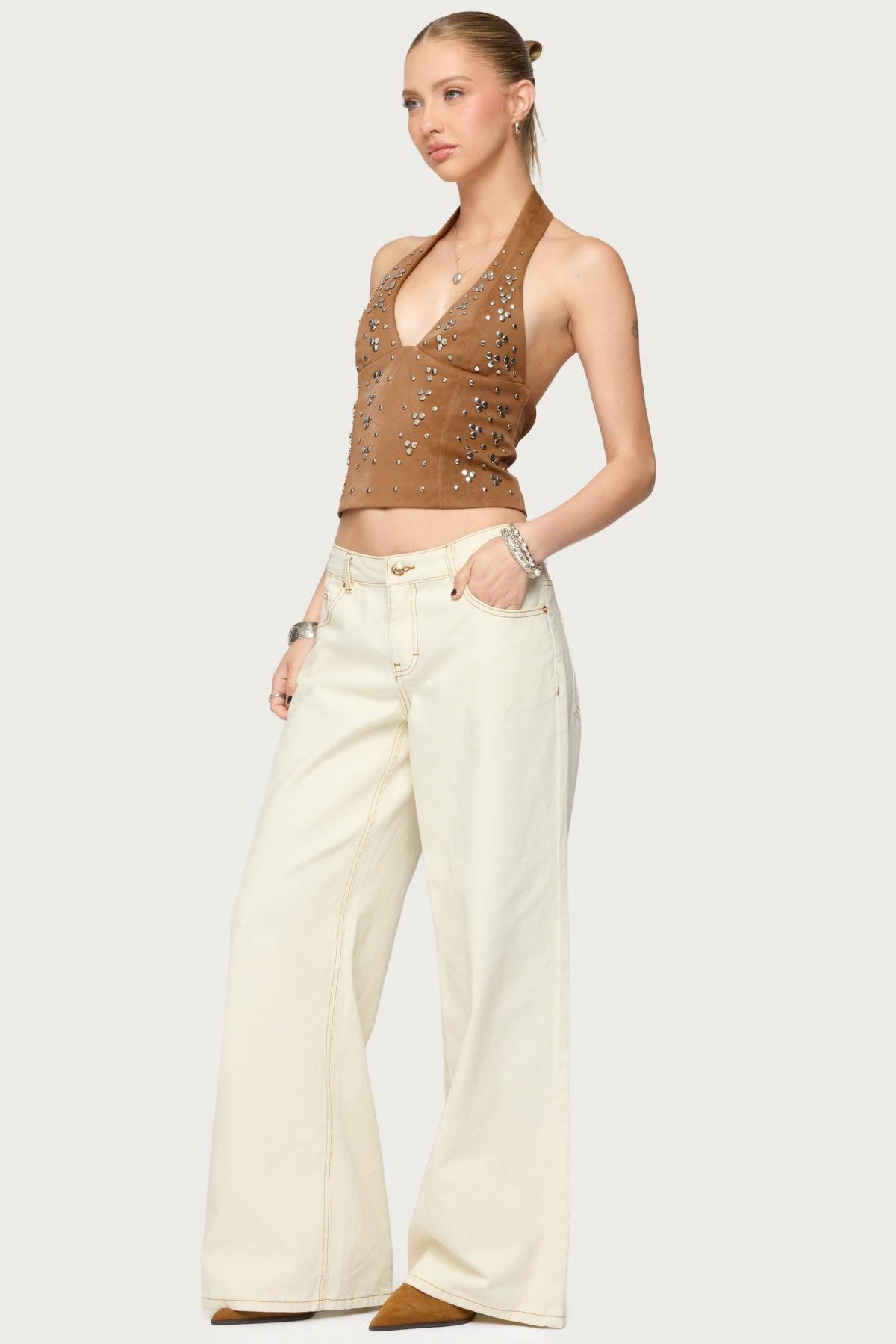 Contrast Stitch Low Rise Wide Leg Jeans Product Image