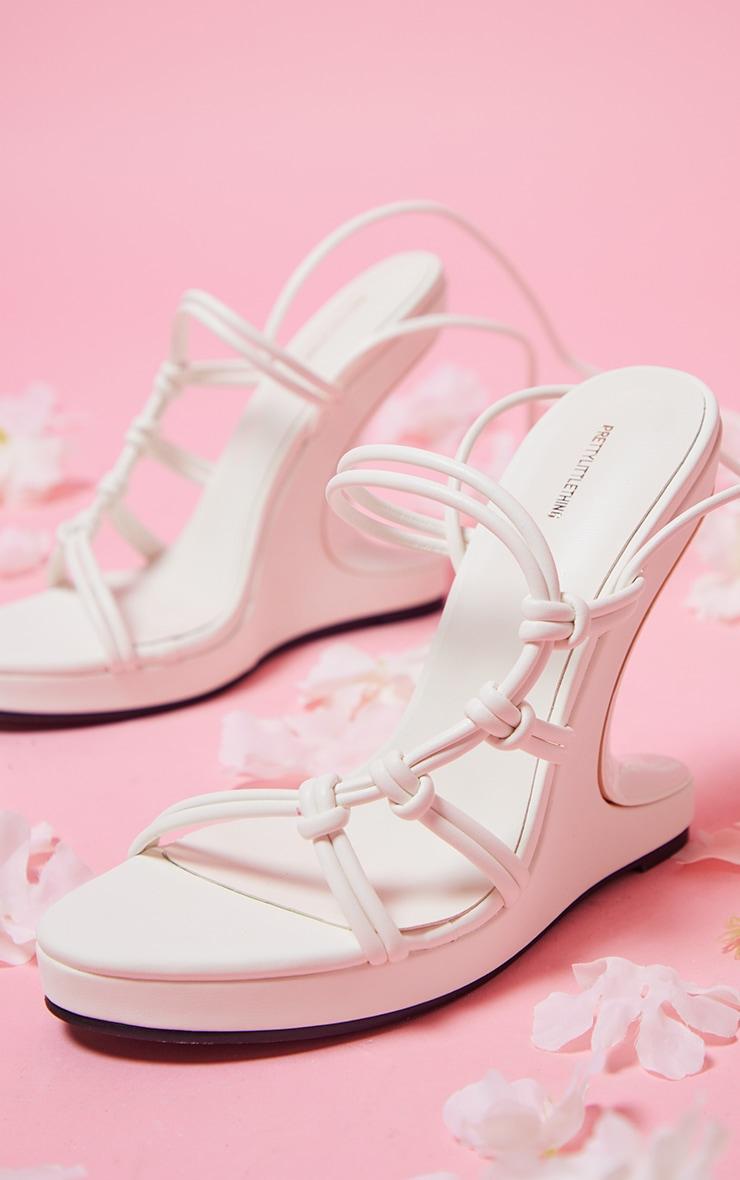White PU Curved Knot Lace Up Reverse Wedge Heeled Sandals Product Image