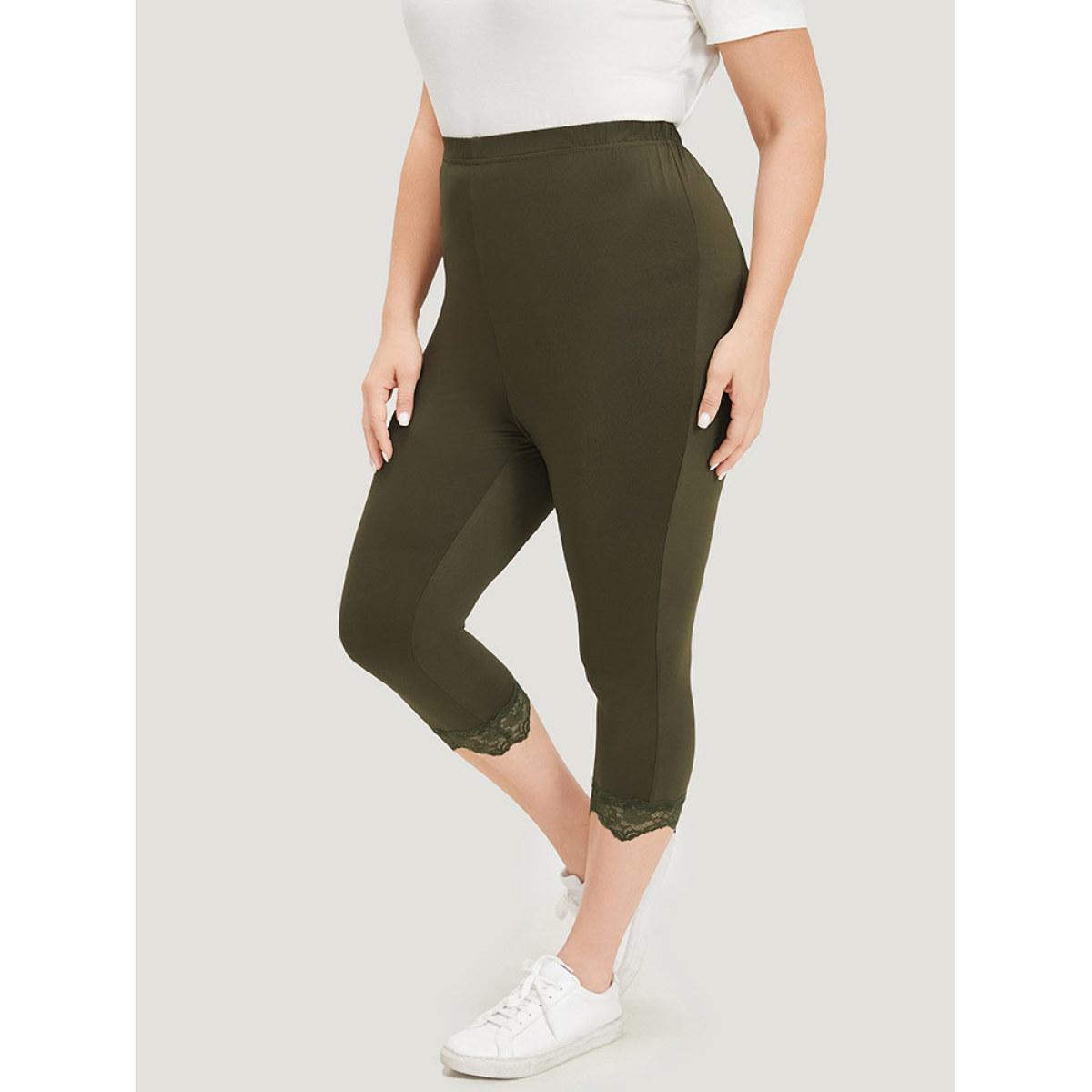Plus Size Plain Lace Patchwork High Rise Leggings Women ArmyGreen Casual High stretch Skinny High Rise Dailywear Leggings BloomChic 26/4X Product Image