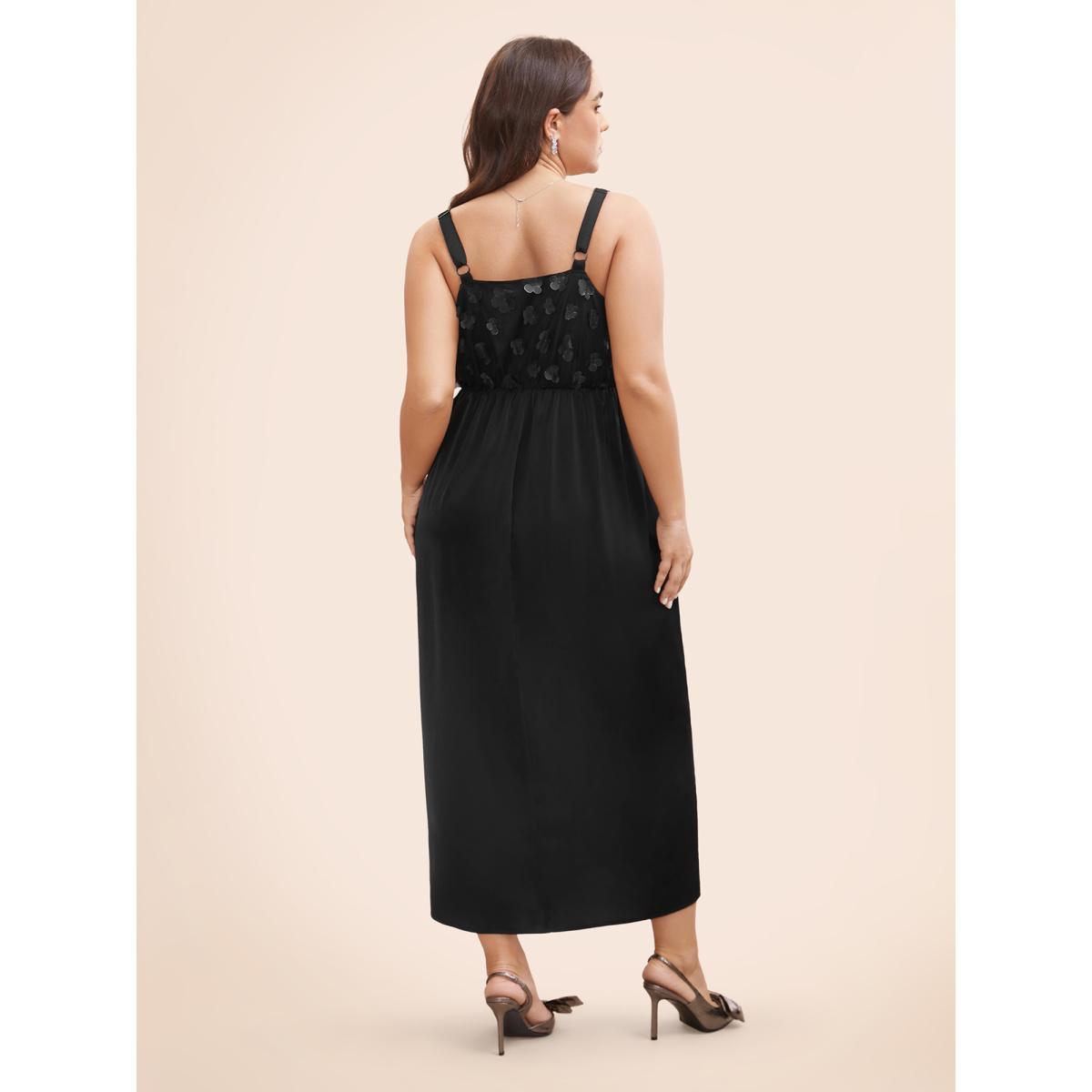 Plus Size Stereo Flower Design Split Hem Dress Black Women Cocktail Texture V-neck Sleeveless Curvy BloomChic 30/6X Product Image