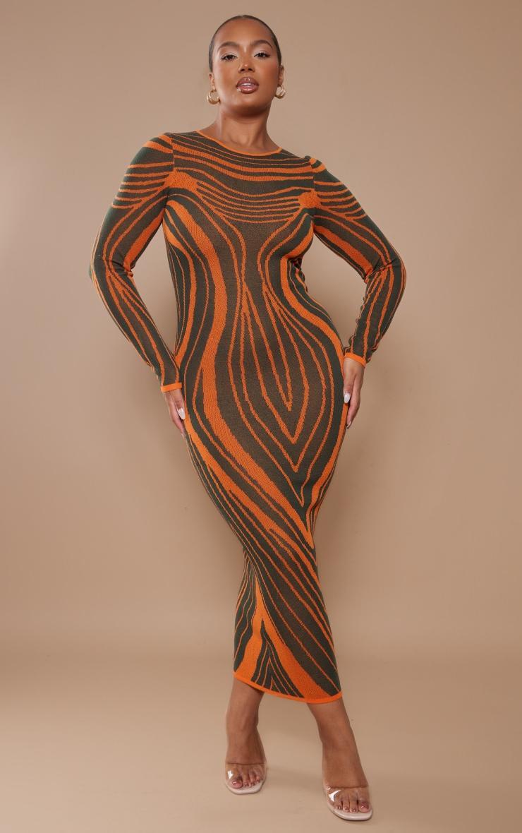 Plus Khaki Striped Knitted Midaxi Dress Product Image