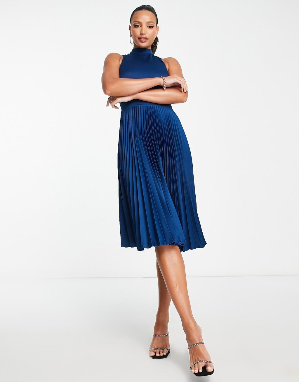 Closet London Tall high neck pleated midi dress in navy Product Image