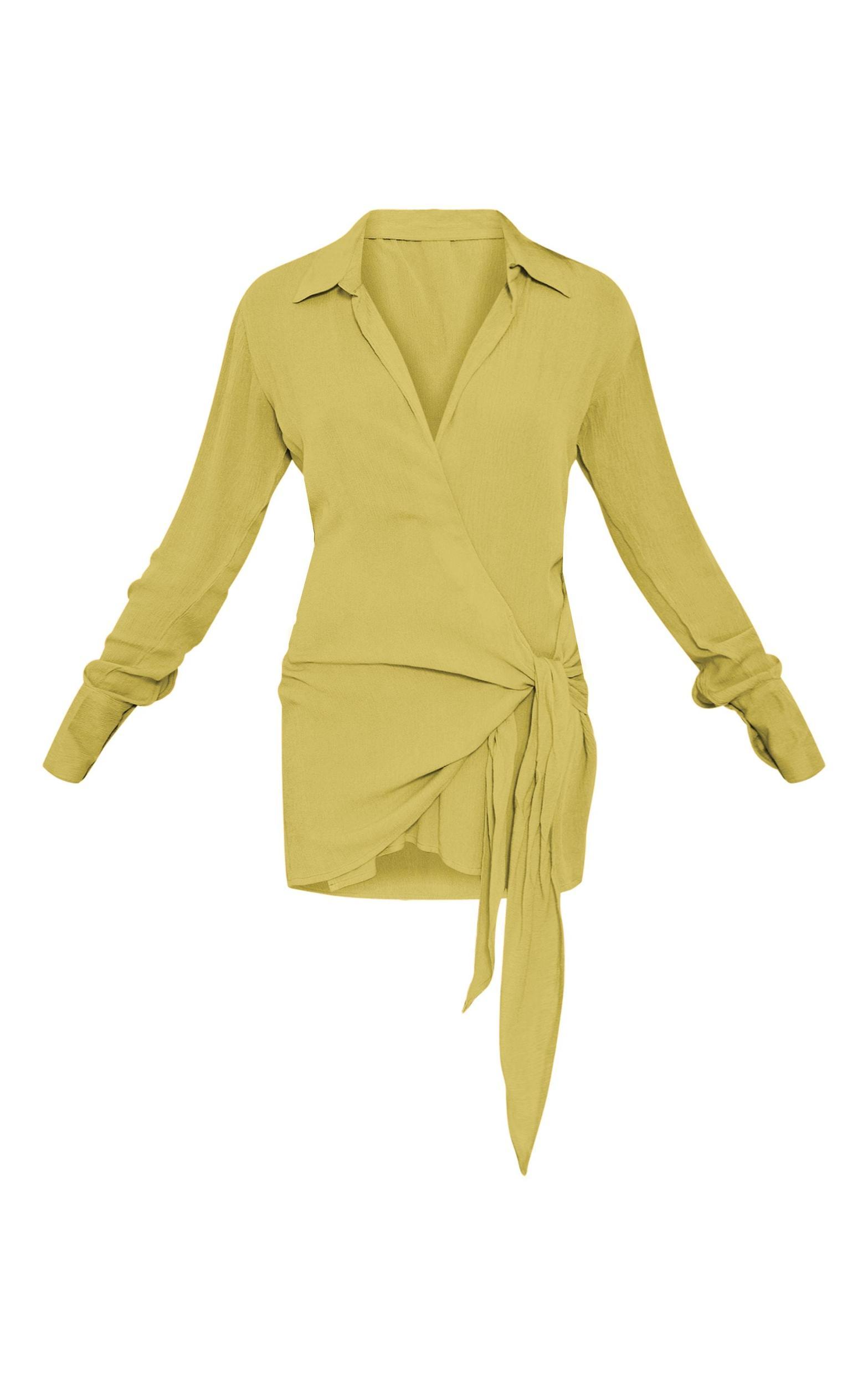 Olive Textured Plunge Wrap Shirt Dress Product Image