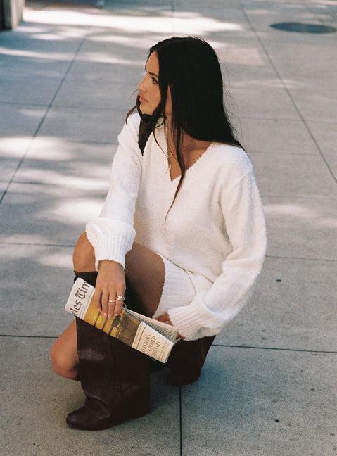 Fine Line Long Sleeve Knit Mini Dress White Product Image