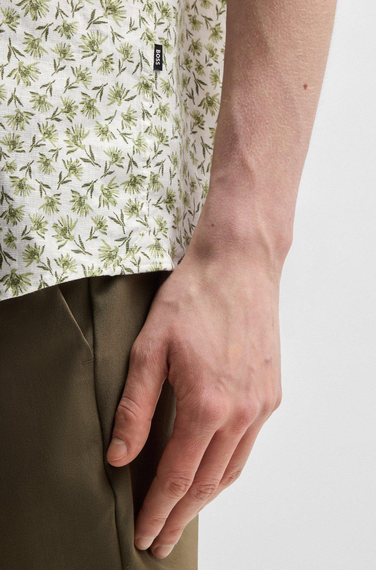 BOSS - Slim-fit shirt in floral-print stretch linen - Green Product Image