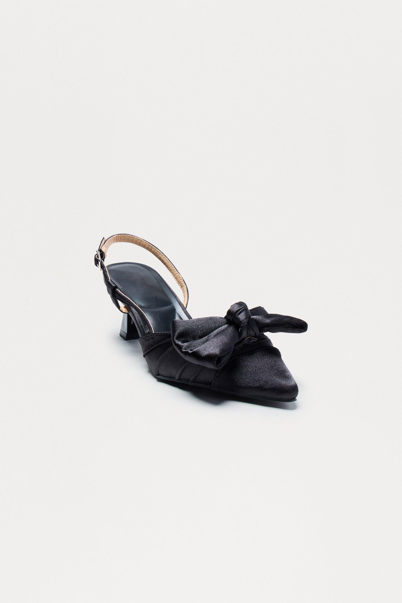 Lura Satin Bow Kitten Heel Pumps - Black Product Image
