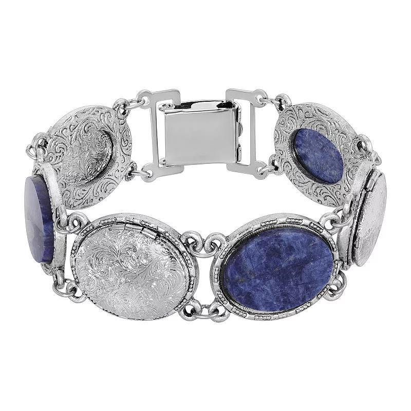 1928 Silver Tone Oval Blue Locket Link Bracelet, Womens Product Image