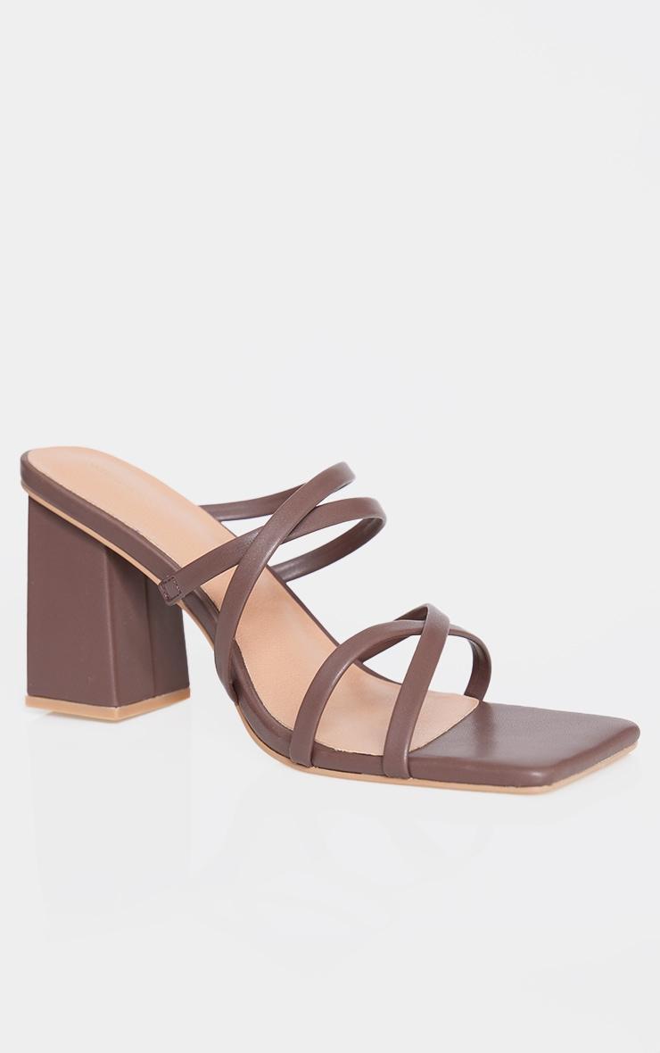 Brown PU Wide Fit Square Toe Strappy Block Heeled Mules Product Image