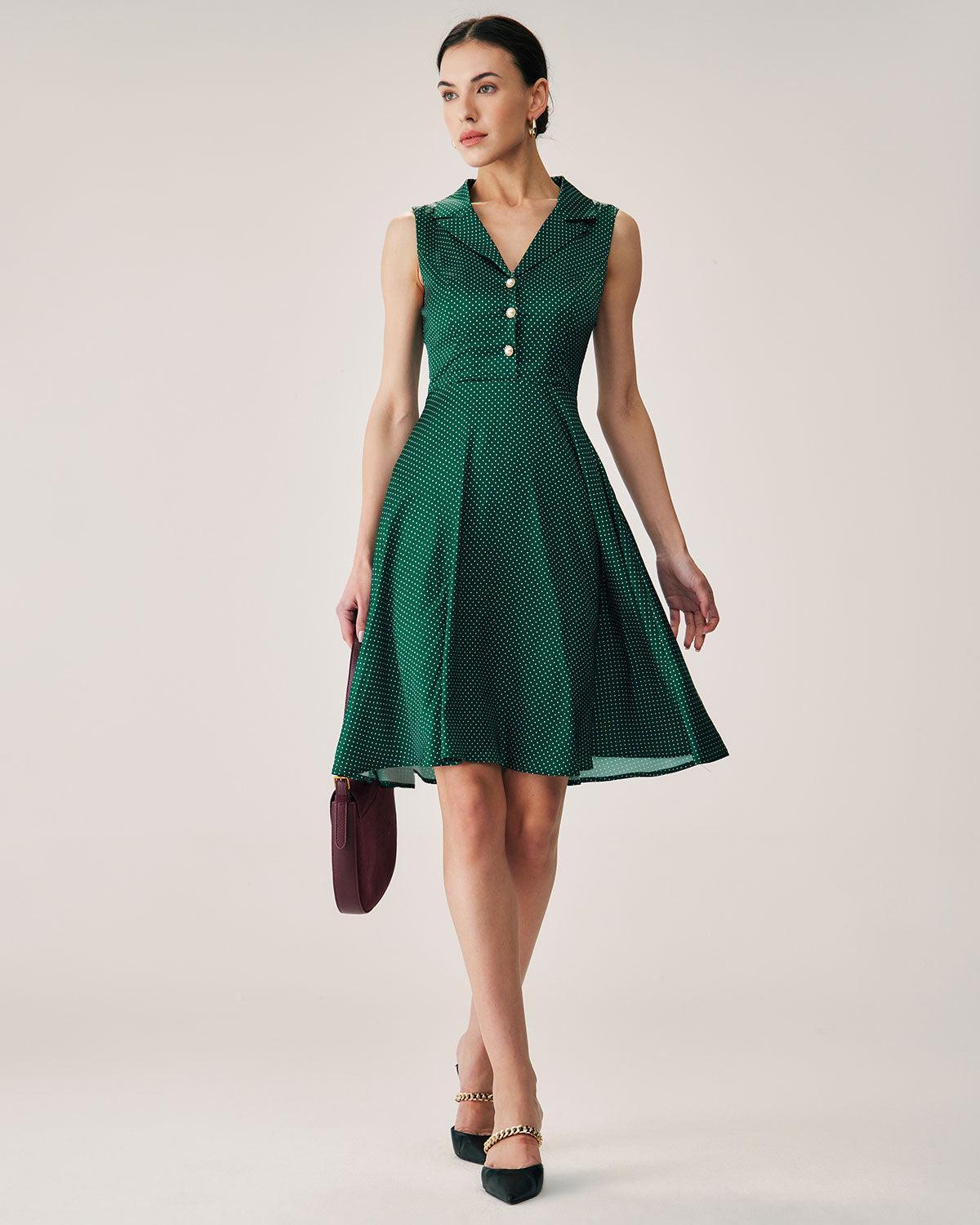 Green Polka Dot Sleeveless Midi Dress Product Image