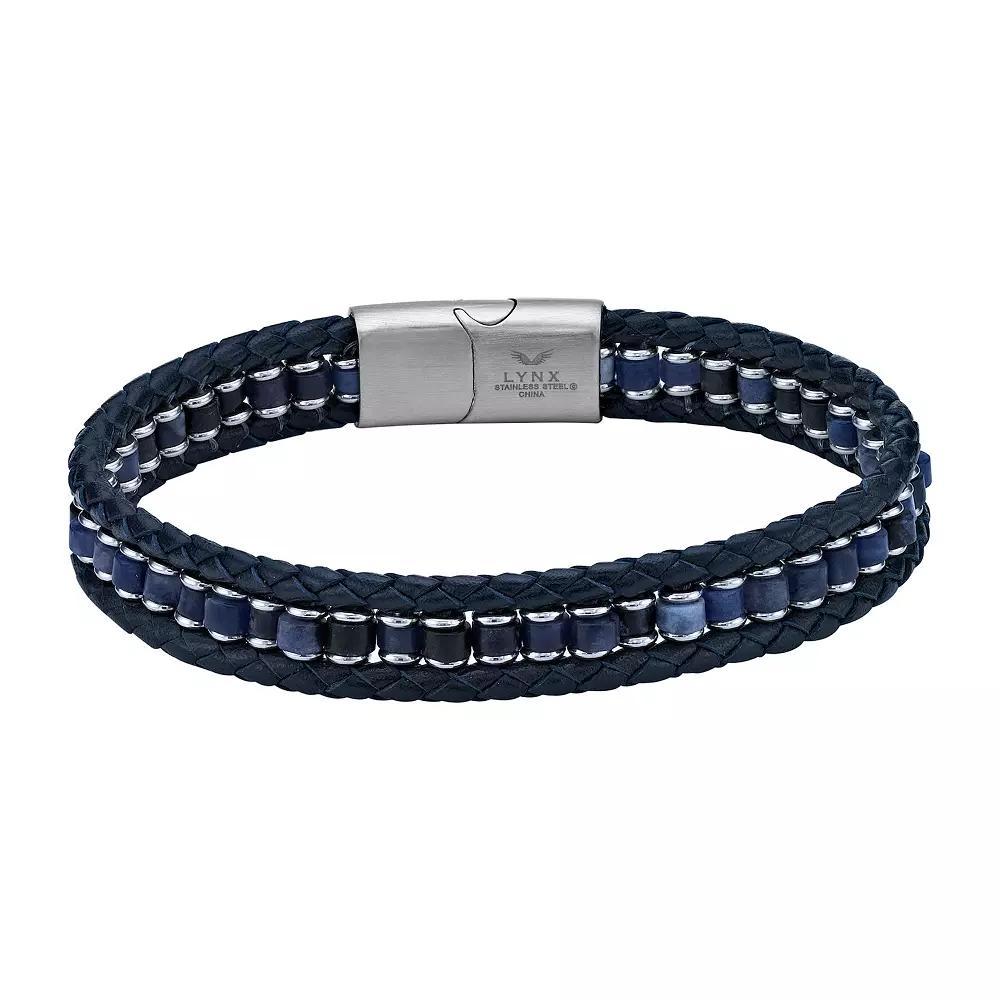 LYNX Men's Stainless Steel Braided Blue Leather Bracelet, Size: 8.5" Product Image