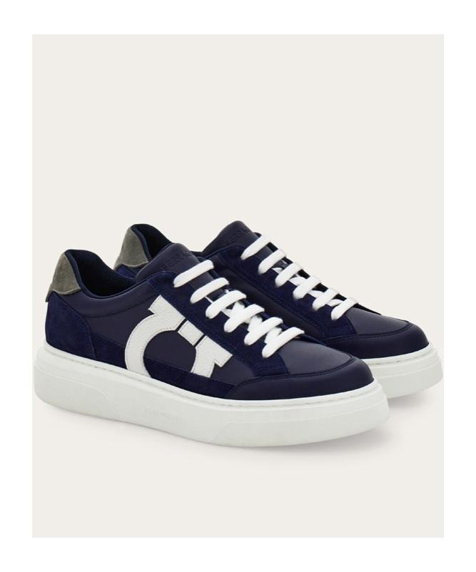 FERRAGAMO Suede-trimmed Leather Sneakers In Blue Product Image