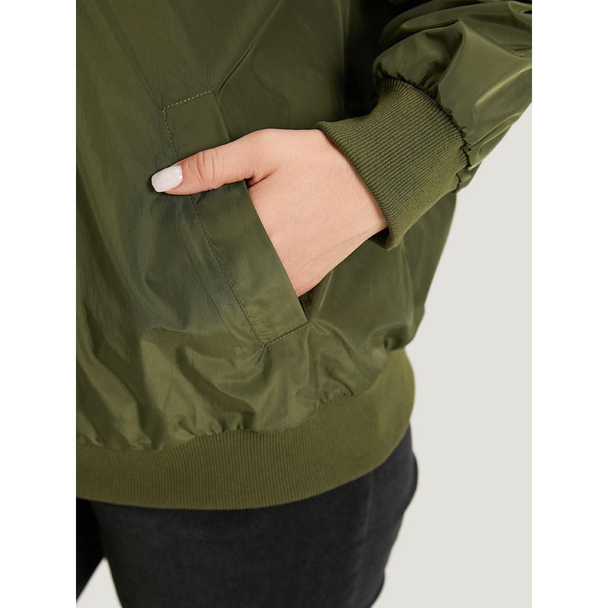 Plus Size Plain Zipper Pocket Elastic Cuffs Jacket Women ArmyGreen Plain Pocket Dailywear Jackets BloomChic 10/M Product Image