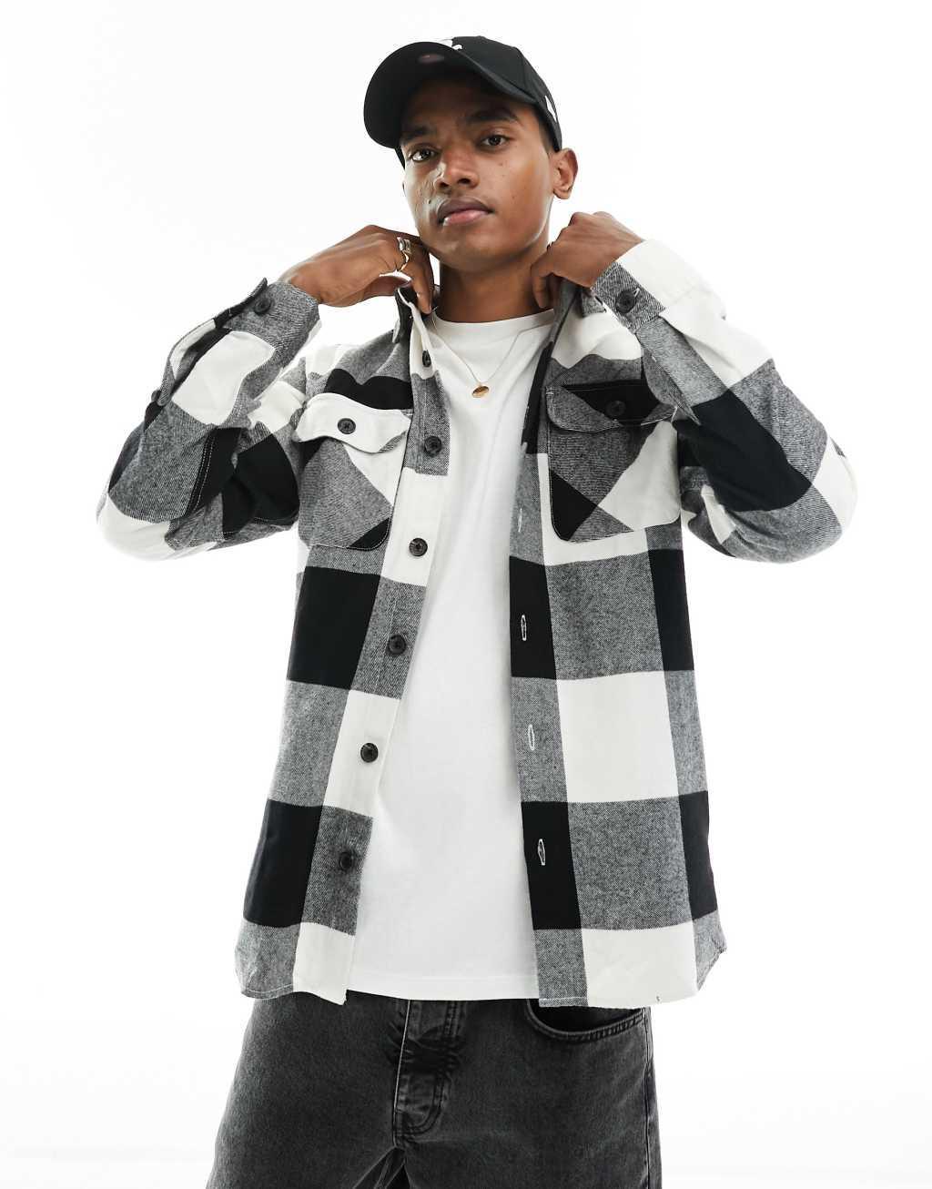 Jack & Jones oversized buffalo plaid overshirt in white & black Product Image