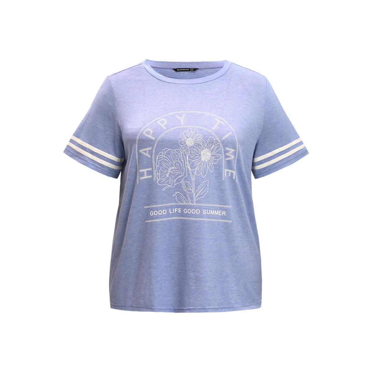 Plus Size Floral & Letter Print Contrast Round Neck Sleep Top Women LightBlue Casual Floral Contrast Round Neck Loungewear BloomChic 26/4X Product Image