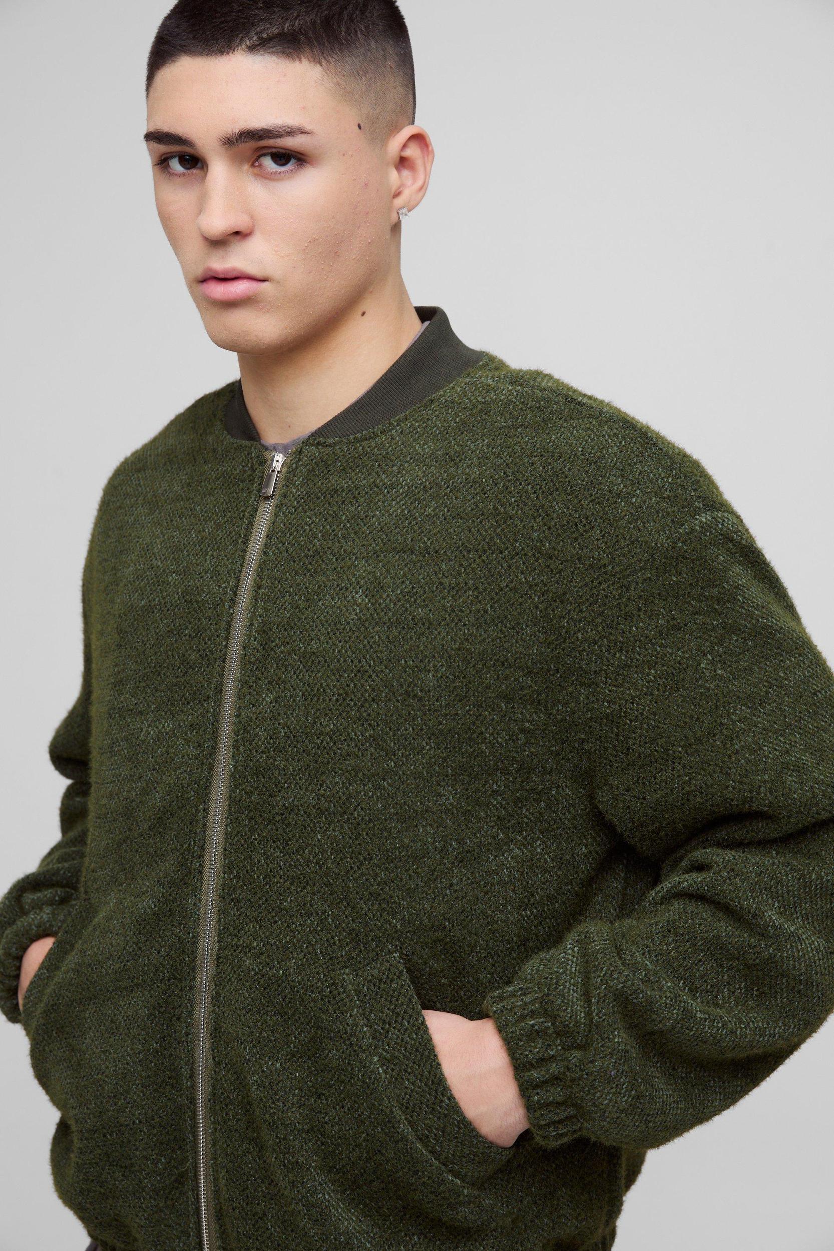 Oversized Boxy Fluffy Textured Bomber Jacket | boohooMAN USA Product Image