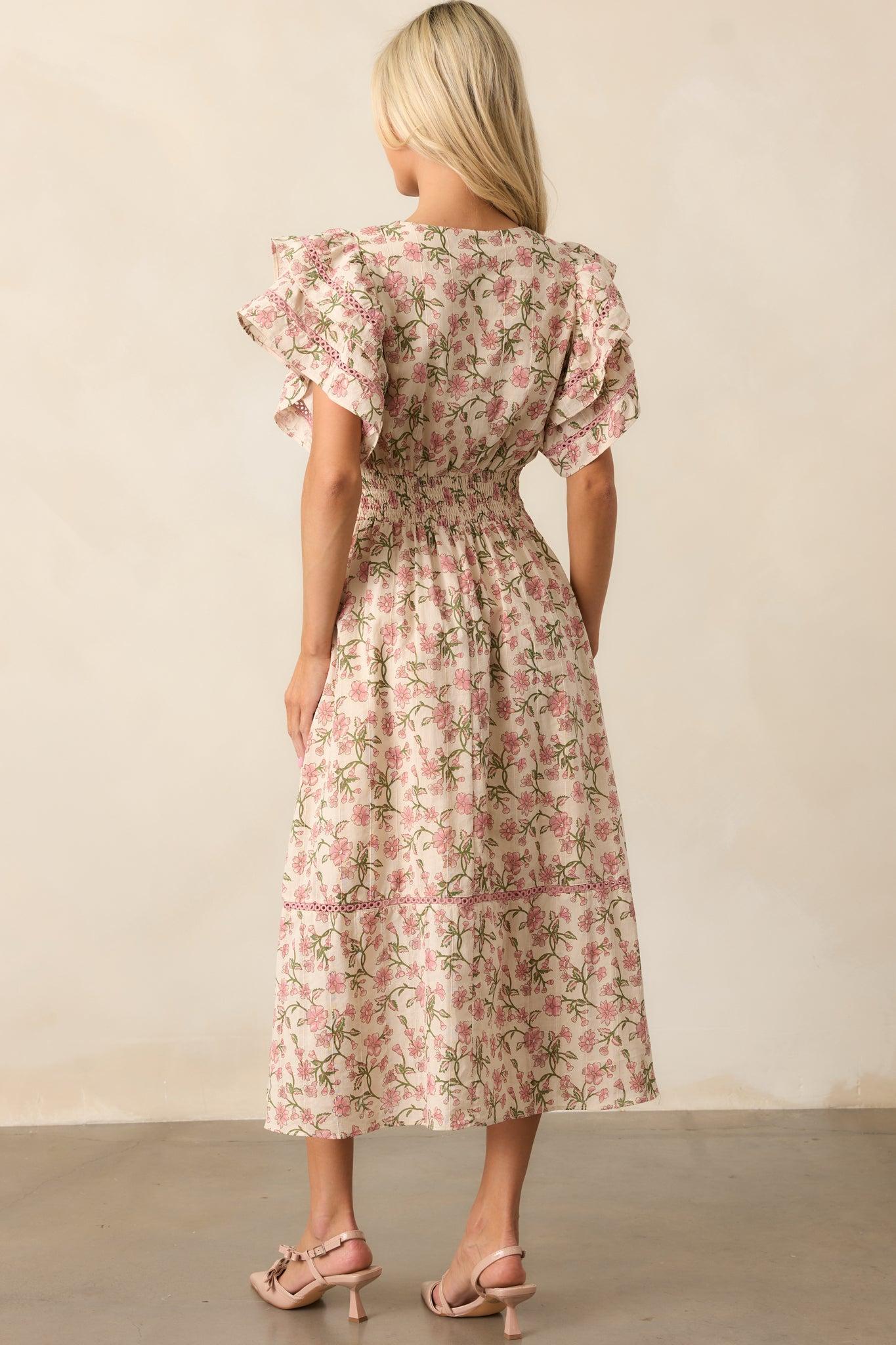 Dandelion Wishes Cotton Rose Pink Flutter Sleeve Midi Dress Product Image