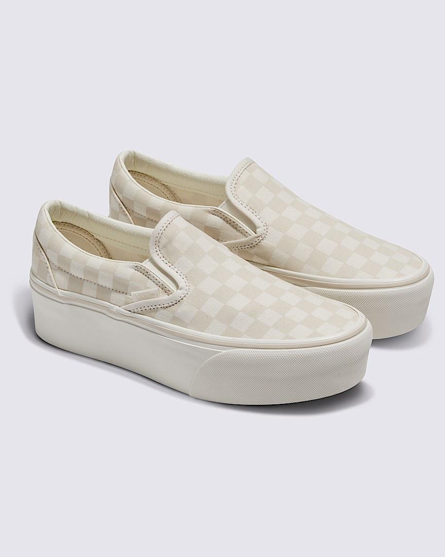 Classic Slip-On Checkerboard Stackform Shoe in Marshmallow / Turtledove Beige| Vans US Product Image