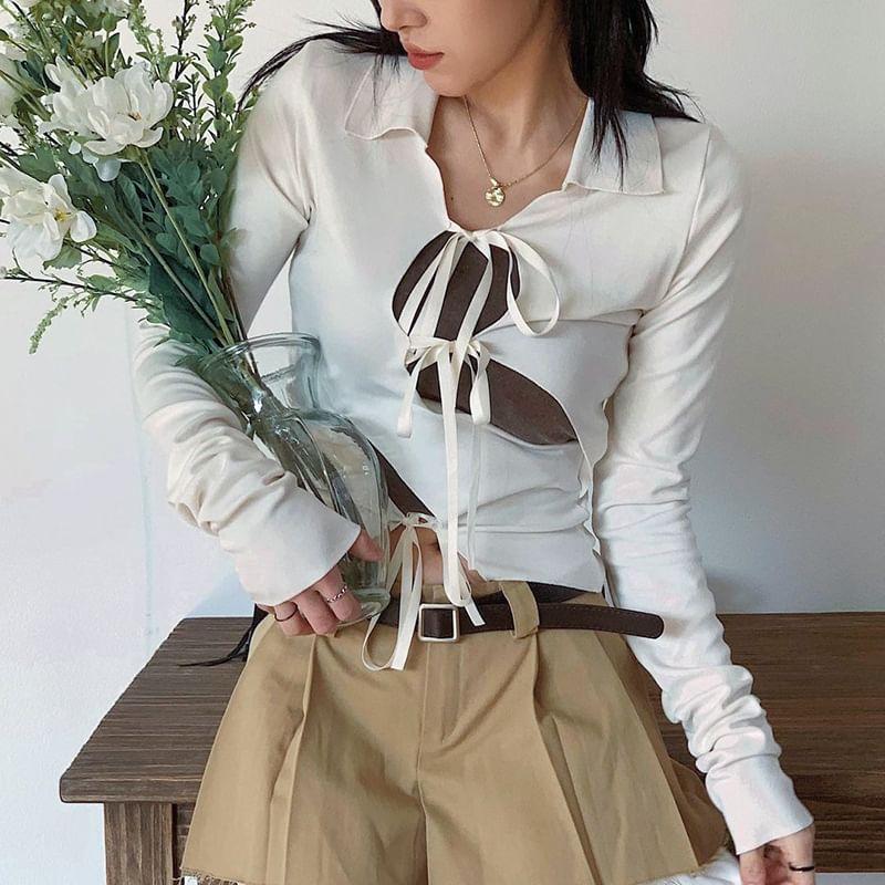 Long-Sleeve Collared Plain Asymmetrical Cutout Tie Front Crop Top Product Image