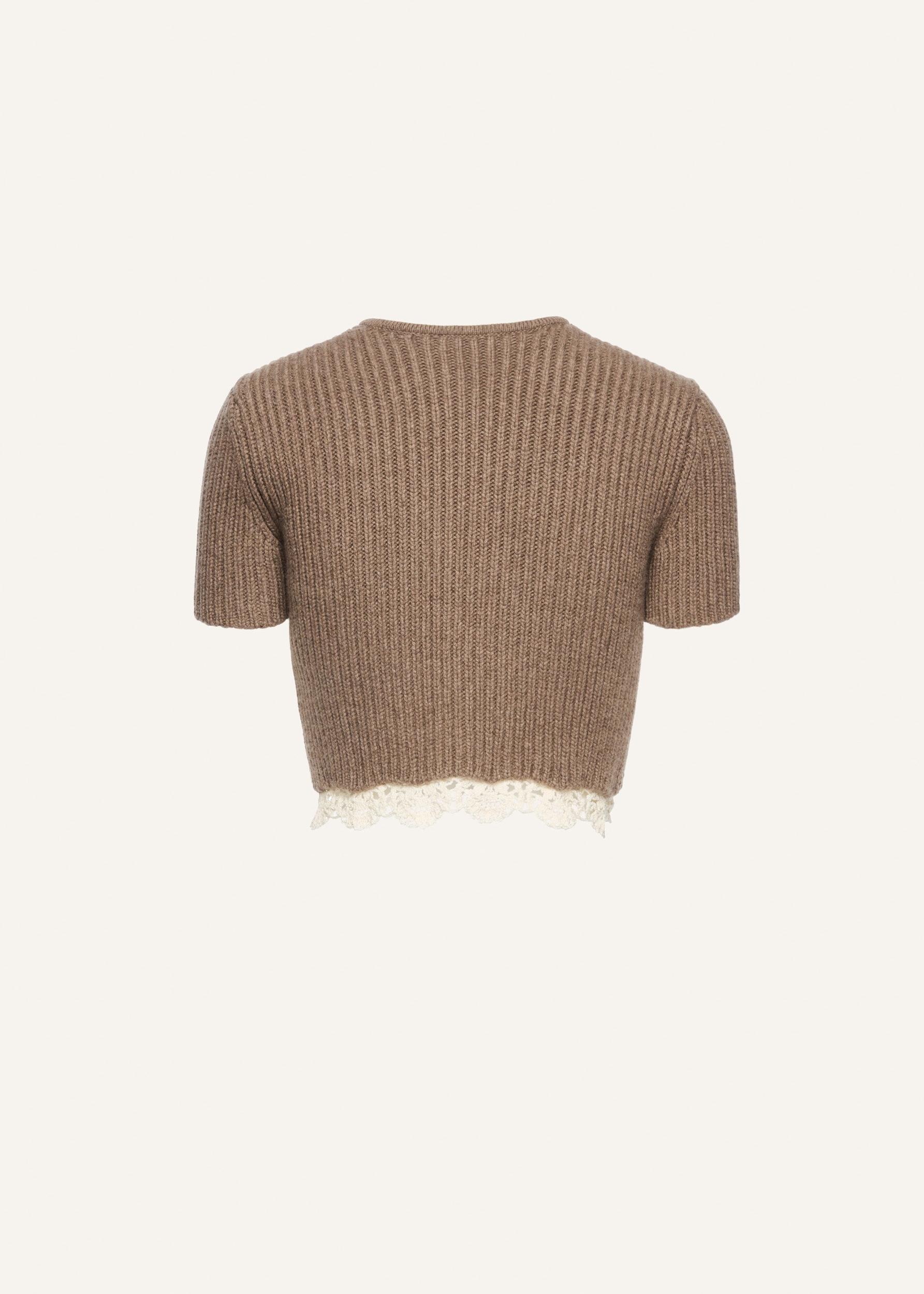 Lace detail short sleeve cardigan in beige Product Image