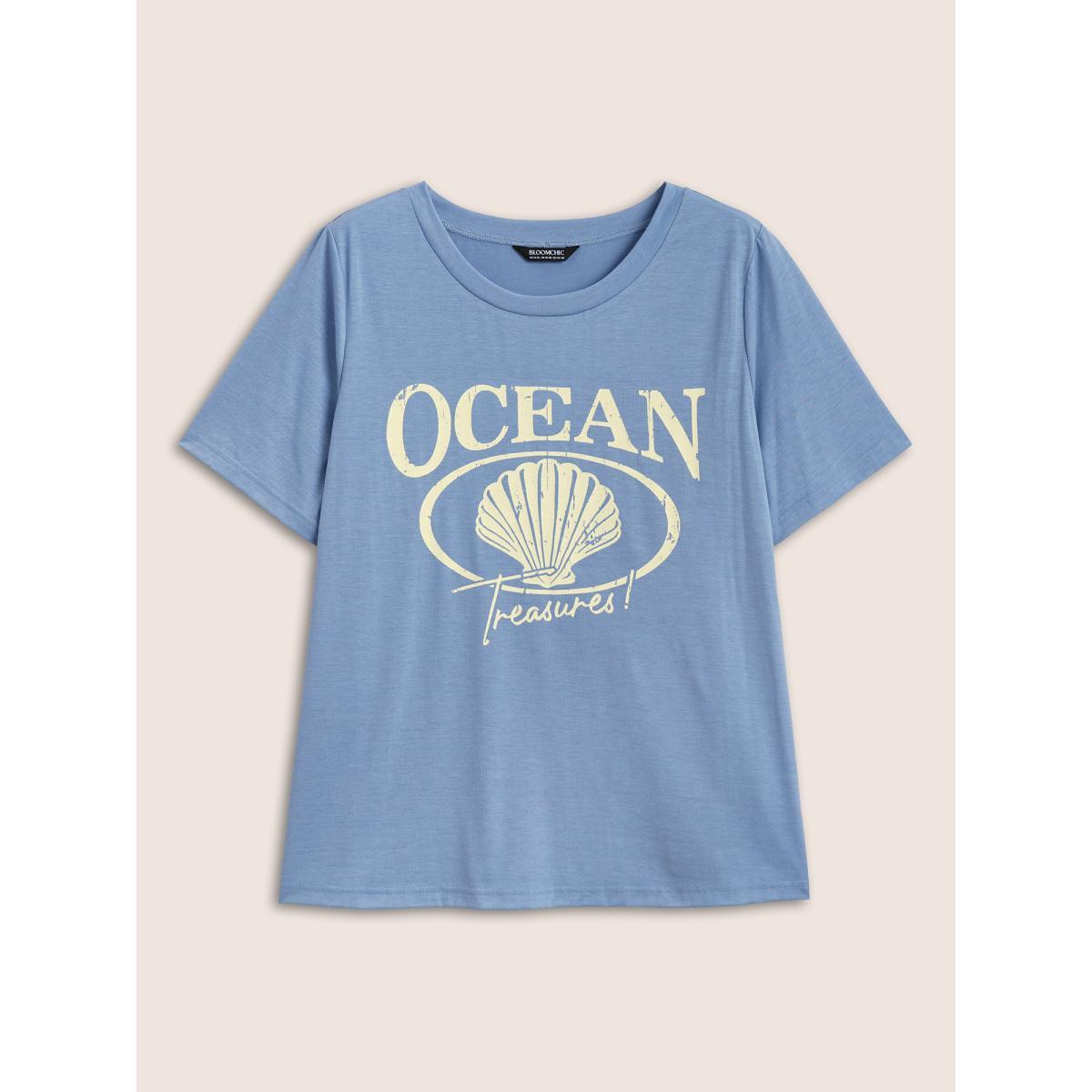 Plus Size Round Neck Sea Shells Print T-shirt Stone Women Resort Contrast Marine Round Neck Vacation T-shirts BloomChic 26/4X Product Image