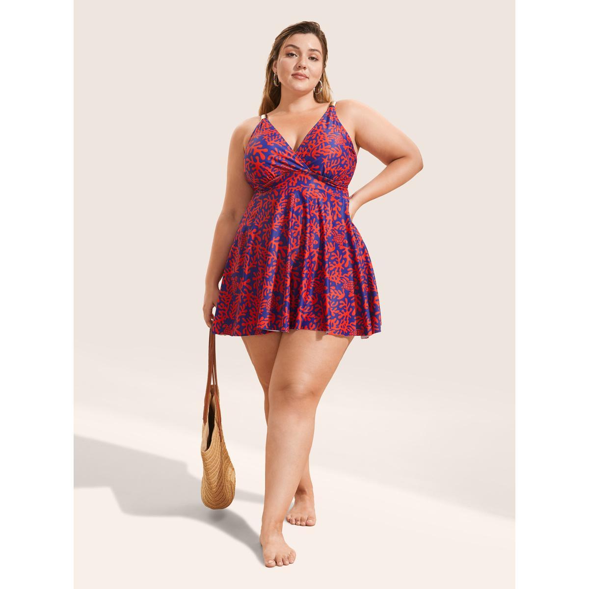 Plus Size Tropical Wrap Bodycon Cami Swim Dress Women's Swimwear DarkBlue Beach Bodycon V-neck High stretch Curve Swim Dresses BloomChic 12/L Product Image