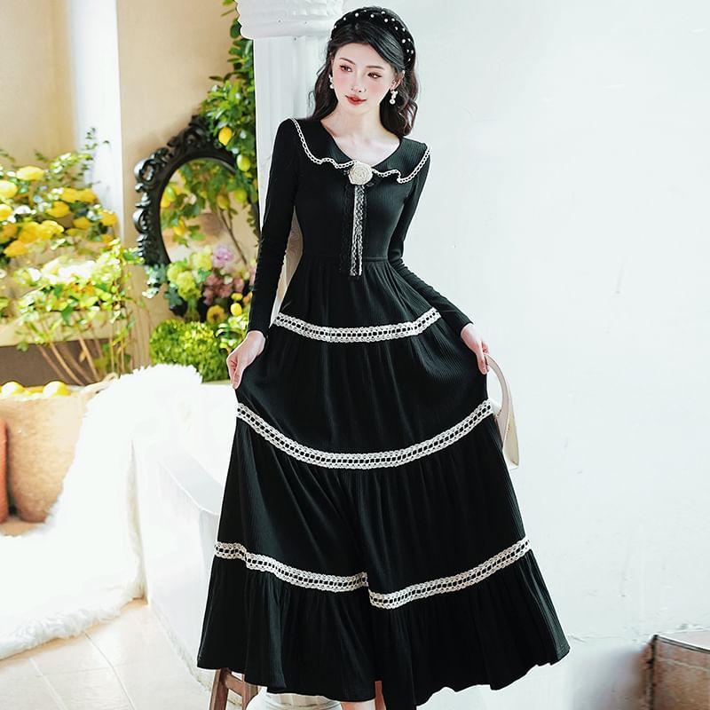 Long Sleeve Peter Pan Collar Contrast Trim Tiered Midi A-Line Dress Product Image