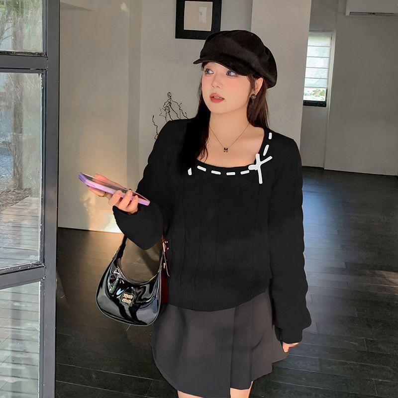 Plus Size Square Neck Ribbon Accent Cable Knit Plain Sweater Product Image