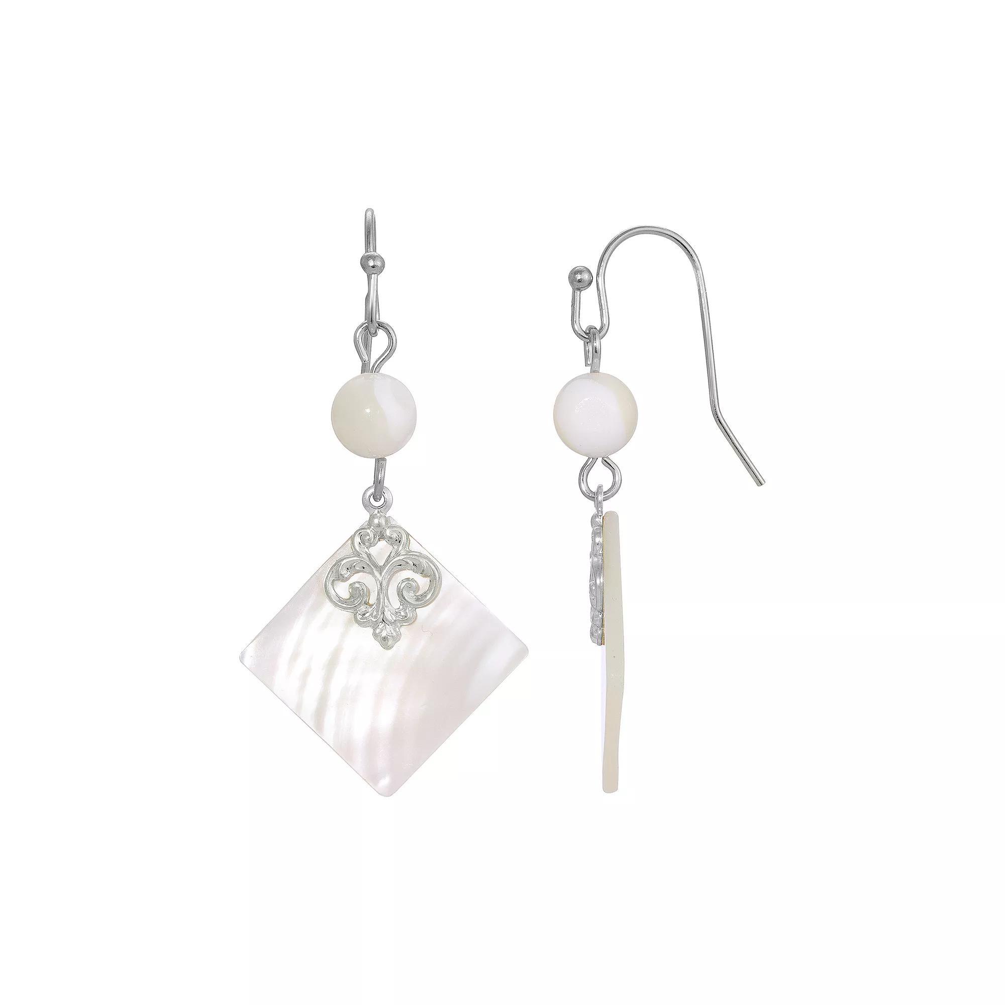 1928 Silver Tone Simulated Mother Of Pearl Shell Stone And Bead Drop Earrings, Womens, White Product Image