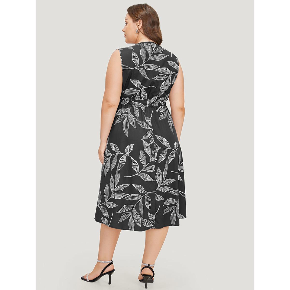 Plus Size Plants Print Overlap Collar Belted Tank Dress Black Women Office Wrap V-neck Sleeveless Curvy Knee Dress BloomChic 10/M Product Image