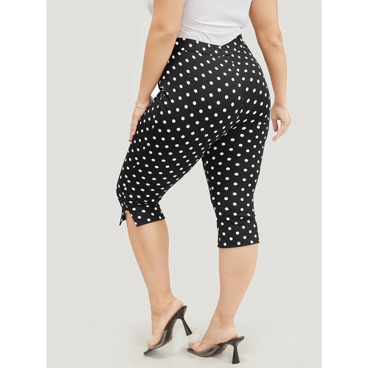 Plus Size Polka Dot Skinny Split Hem Knee Leggings Women Black Elegant High stretch Skinny High Rise Dailywear Leggings BloomChic 18-20/2X Product Image