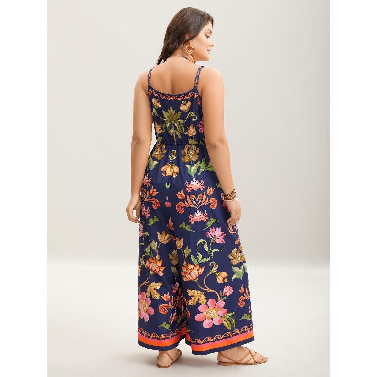 Plus Size DarkBlue Tropical Flowers Print Pockets Cami Jumpsuit Women Sleeveless V-neck Vacation Loose Jumpsuits BloomChic 10/M Product Image