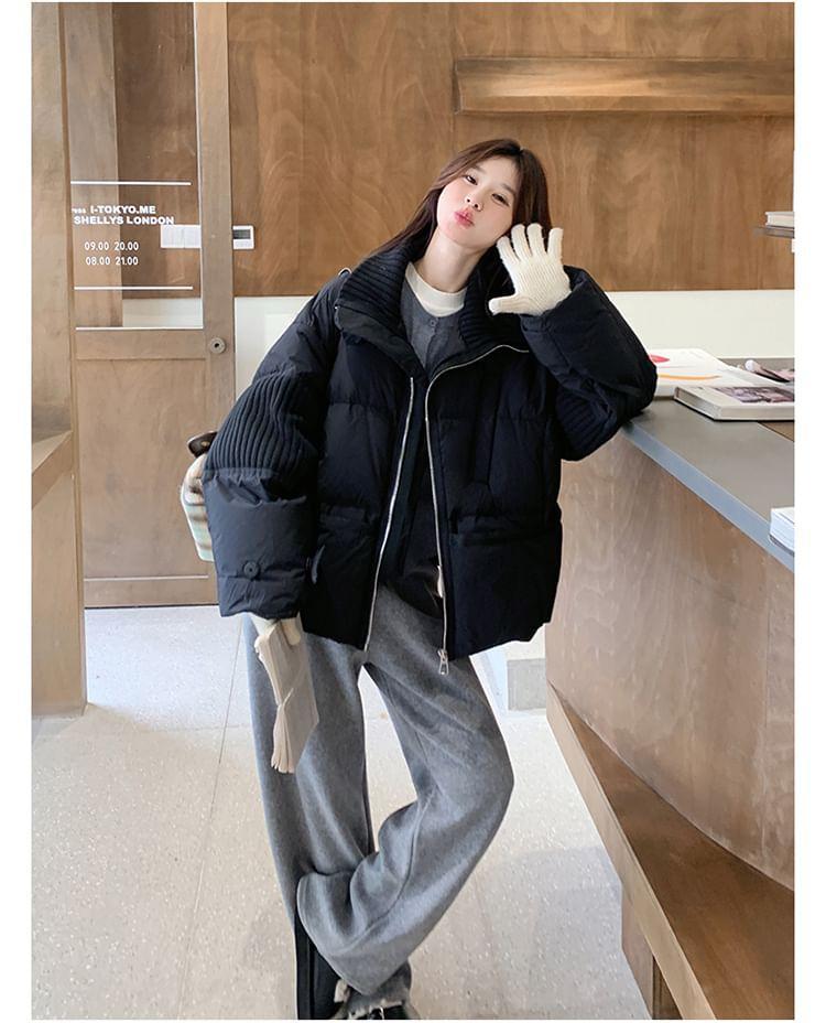 Ribbed Panel Plain Zip-Up Down Jacket Product Image