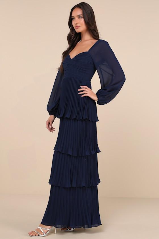 Impactful Elegance Navy Blue Tiered Balloon Sleeve Maxi Dress Product Image