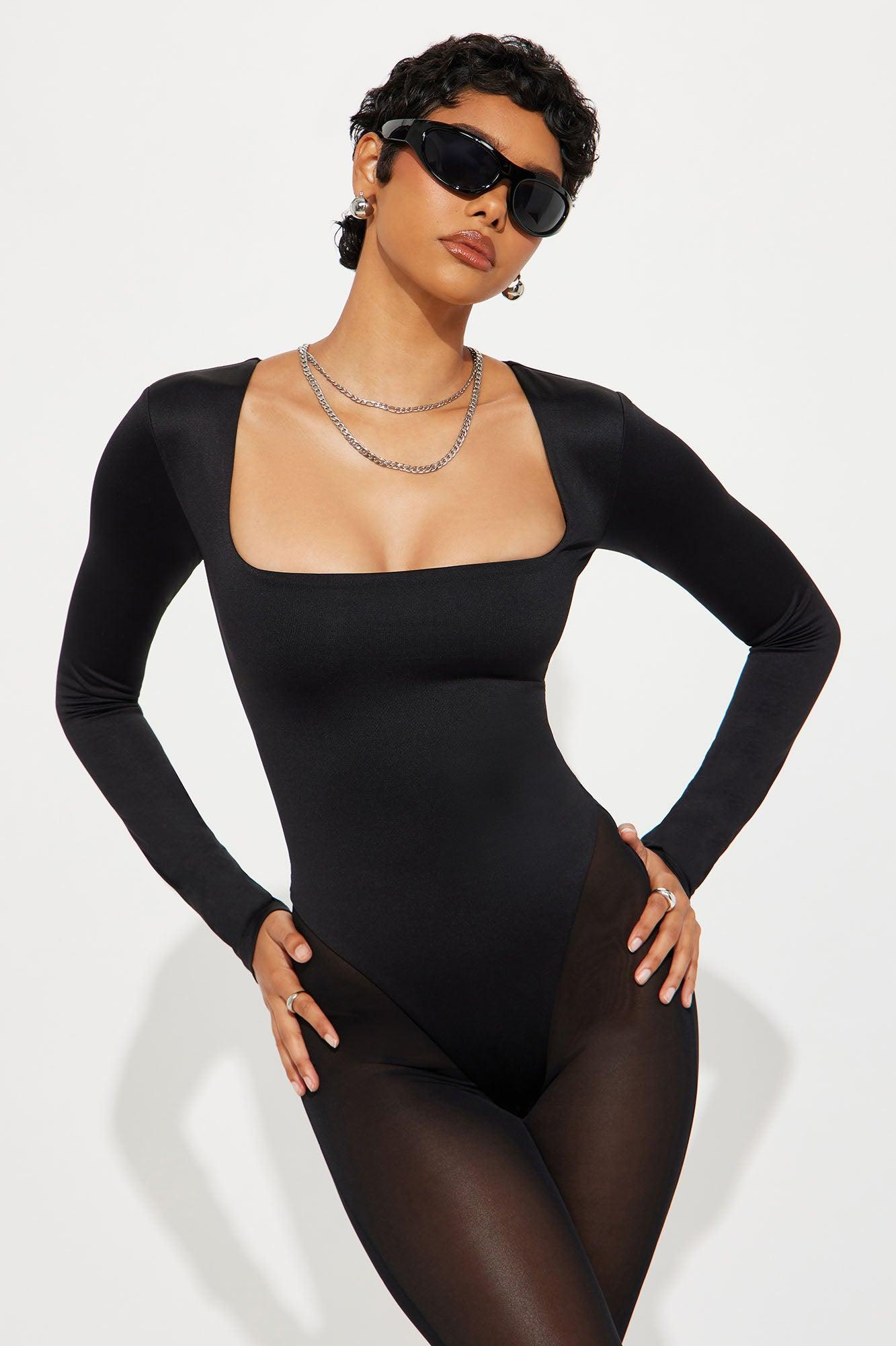 Contour Double Lined Long Sleeve Square Neck Bodysuit - Black Product Image