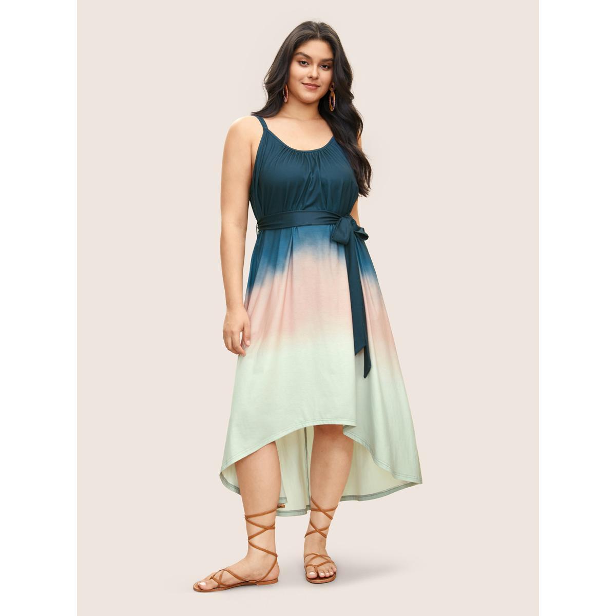 Plus Size Tie Dye Belted Gathered Asymmetrical Hem Dress Indigo Women Resort Non V-neck Sleeveless Curvy Midi Dress BloomChic 12/L Product Image