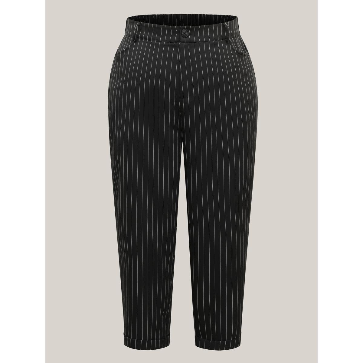 Plus Size Stripes Print Pockets Straight-Fit Pants Women Black At the Office Straight Leg Mid Rise Work Pants BloomChic 28/5X Product Image
