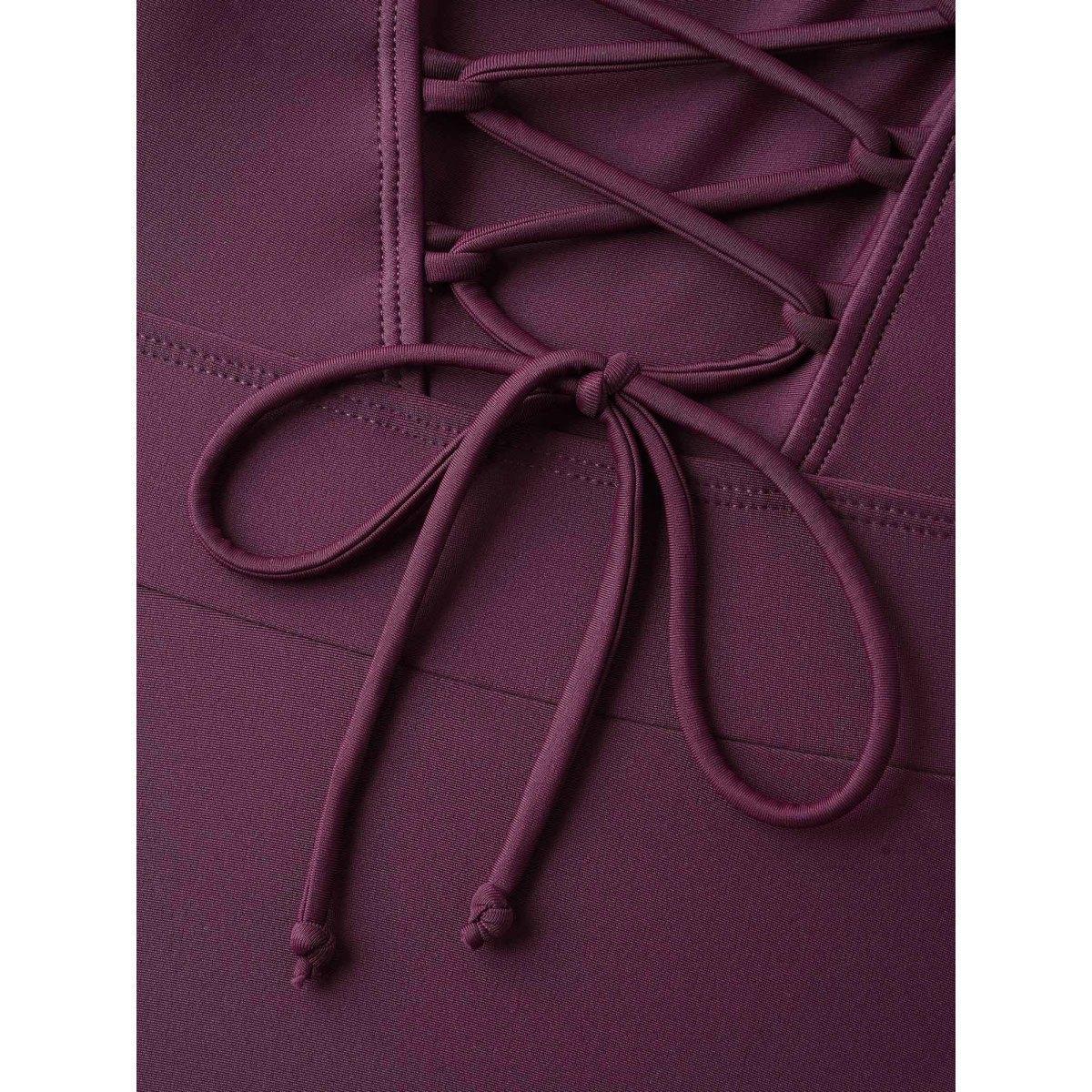 Plus Size Adjustable Back Ties Pleated Swim Dress Women's Swimwear Deepred Beach Bodycon V-neck High stretch Curve Swim Dresses BloomChic 22-24/3X Product Image