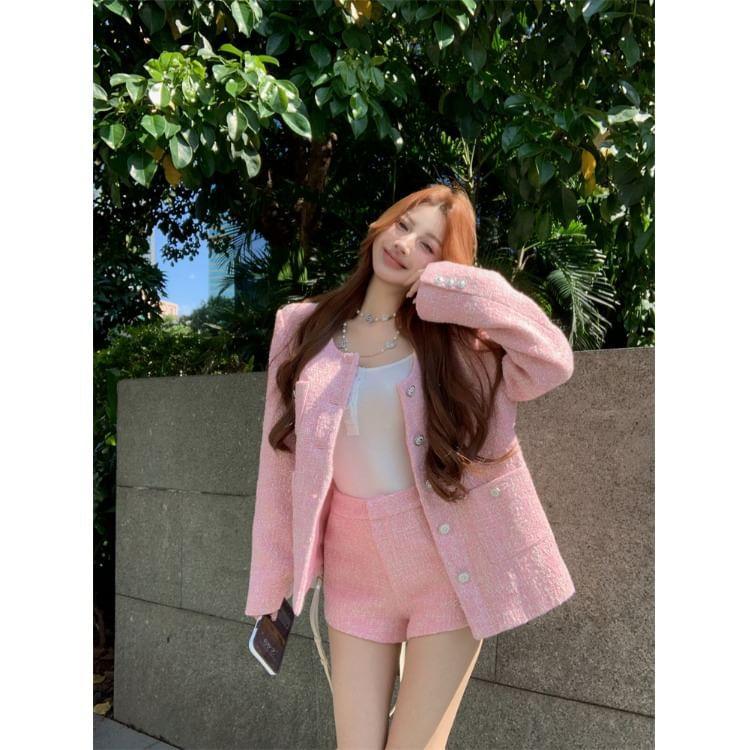 Tweed Button-Up Jacket / High Waist Shorts Product Image