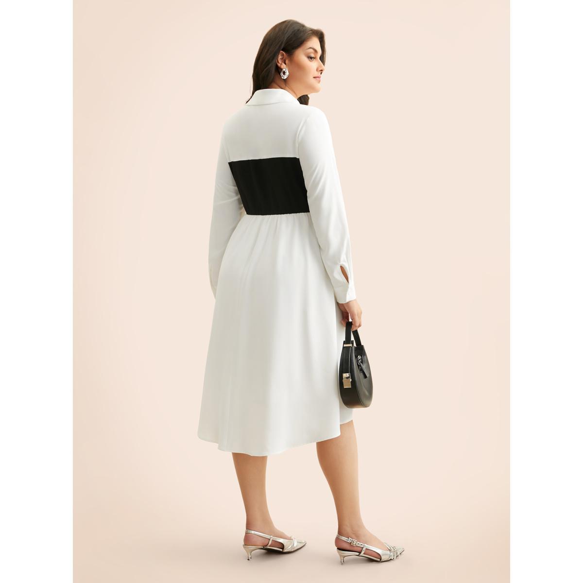 Plus Size Contrast Patchwork Pleated Midi Dress WhiteSmoke Women At the Office Contrast Shirt collar Long Sleeve Curvy BloomChic 12/L Product Image