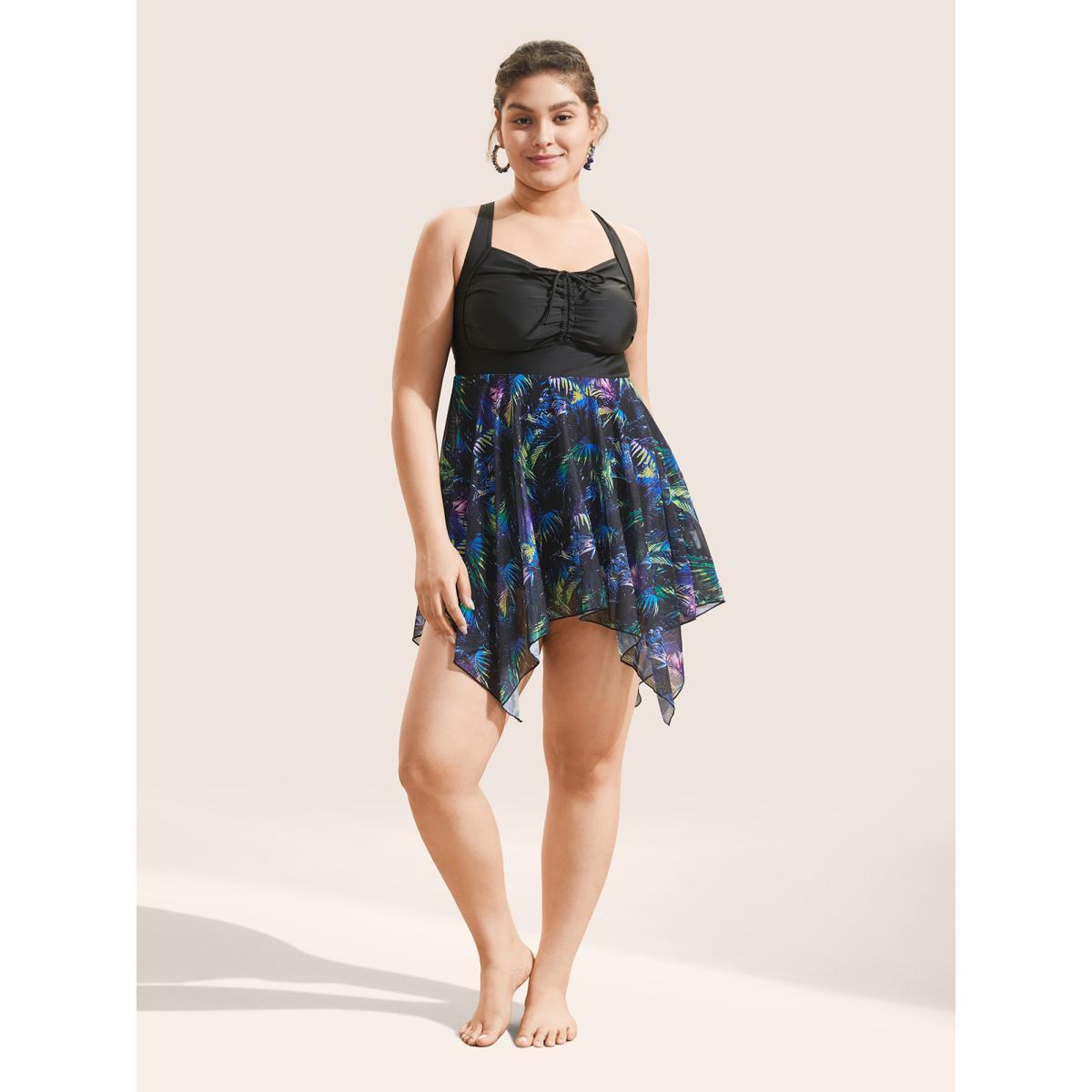 Mesh Adjustable Straps Plus Size Women Tropical Swim Dress Very Stretchy Bodycon Sleeveless V Neck Vacation Swim Dresses BloomChic Product Image